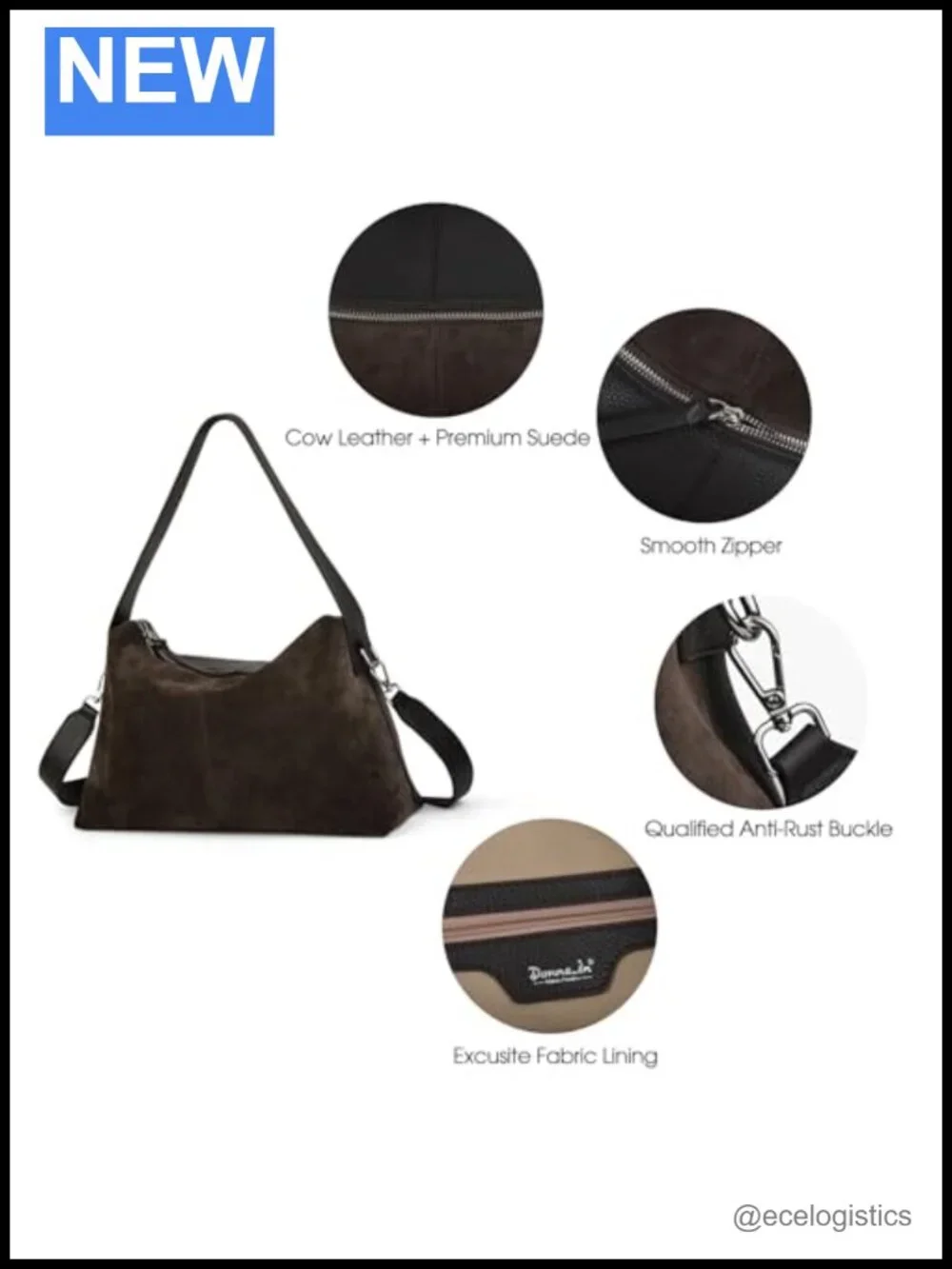 Full Grained Leather Cow Suede Crossbody Hobo Bag with Adjustable Strap